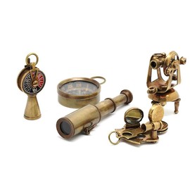 Set of 5 Brass Miniature Nautical Replicas–Vintage-Style Telescope, Compass, Sextant, Theodolite & Telegraph–Steampunk Decor & Collectible Gift Set for Teens, Adventure Seekers & Maritime Enthusiasts