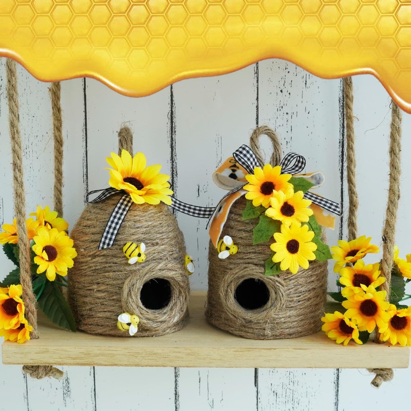 Bigger Bee Hive Decor,2 Pack Bumble Bee Rustic Decor Hive,Natural