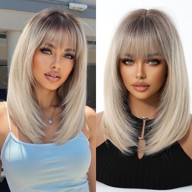 Osicapea Ombre Blonde Bob Wigs with Bangs for Women, Short Hair Ladies Girls Woman Heat Resistant Synthetic Wig Ombre Blonde 14 Inch Long Wig for Women's Cosplay Costume Party Daily Use