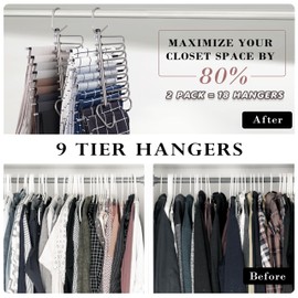 NuSaile 9 Tier Magic Hangers for Jeans - Space Saving Pants Hangers - Multiple Hangers in One for Leggings, Pants, & Scarves - Non-Slip Stainless Steel Trouser Hangers for Closet Organization – 2 pc
