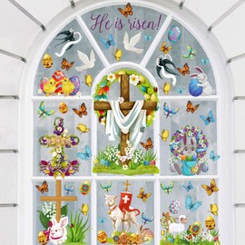 Easter Religious Decorations Window clings Cross Lambs Bunnies Flowers he is Risen Easter Decor Spring