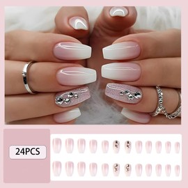 WAFOLOZE Ombre Pink Press on Nails Medium Fake Nails Glossy False Nails with Rhinestones Designs Glitter Powder Glue on Nails Artificial Acrylic Nails Stick on Nails for Women Girls 24Pcs