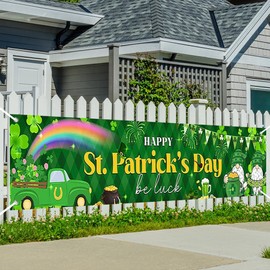 Printspree St. Patrick's Day Banner - 98 x 19 Inches Large Holiday Porch Decoration with Shamrocks, Rainbow & Gnome Design for Party, Outdoor, and Home Celebration