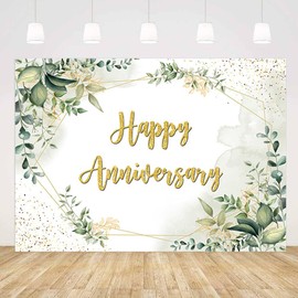 7x5ft Greenery Theme Happy Anniversary Backdrop Green Leaves Gold Glitter Wedding Photography Background for Couples Anniversary Wedding Party Engagement Decorations