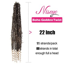 NISEYO Goddess Passion Twist Crochet Hair with Curly Ends 22 Inch, 8 Packs Boho Style Crochet Passion Twist Hair Pre looped, Long Pre-twisted Boho Braids (T27,Ombre Honey Blonde)