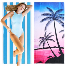 VZZNN 2Pcs Large Microfibre Beach Bath Towel - Quick Dry Microfibre - 100% Recycled Towel - Sand Free - Compact, Lightweight(Light Blue+Sunset)