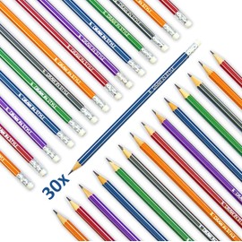HB Pencils - Pack of 30 - with Eraser - 6 Colours - Pre-Sharpened - Hexagonal - for Drawing and Writing - for School, Office, University and Home