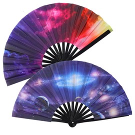 Plzoslly 2 PCS Large Folding Fan Bamboo Folding Hand Fan, Rave Fan Clack Folding Hand Fan Chinese/Japanese Nylon-Cloth Folding Fan for Festival, Dance, Performance, Party, Gift, Decoration(Sky)