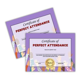 Perfect Attendance Certificate Award | 50 pk 8.5x11” Best Goal Participation Graduation Diploma Elementary Middle School Paper Superlatives