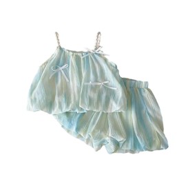 HEOXIN Baby Girl Infant Toddler Clothing Sets, 2 Piece Kids Mesh Bowknot Decorative Suspender Sleeveless Top Stretch Shorts Pleated Loose Outfits, Summer Clothes Sets for Tiny Girls, Blue, 1-2 Years