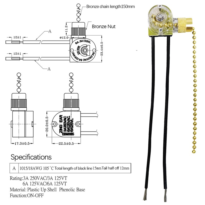Aginkgo Ceiling Fan Pull Chain Switch Zing Ear ZE-109 3A/250VAC