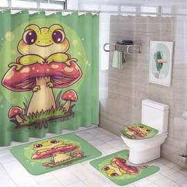Watercolor Mushroom Frog Shower Curtain Sets with Non-Slip Rug, Toilet Lid Cover And Bath Mat, Cartoon Forest Cute Animals Shower Curtain Sets with 12 Hooks, Shower Curtain for Bathroom Set Decor