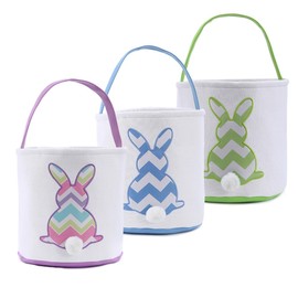 Cootato - Paquete de 3 bolsas de canasta de conejo de Pascua para niños, cestas de huevos con patrón de conejo a rayas, cubeta de algodón personalizado con cola esponjosa para huevos de Pascua,