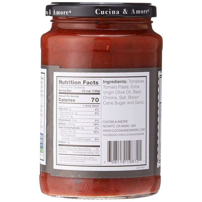 Cucina & Amore Italian Pasta Sauce Basilico Tomato, Basil &