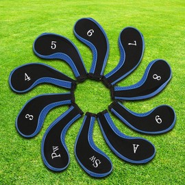 Mootea Cubiertas de Golf, 10 Piezas Cubiertas de Cabeza de Hierro de Neopreno a Prueba de Agua Club de Golf con Cremallera Putter Set Funda Protectora Accesorio de Golf(22 * 18 * 9cm-Azul Oscuro)