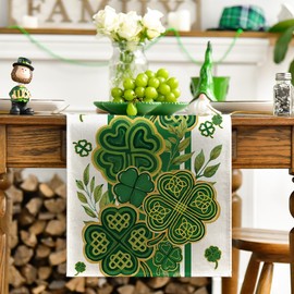Artoid Mode Leaves Clover Shamrocks Stripes St. Patrick's Day Table Runner, Holiday Kitchen Dining Table Decoration for Home Party Decor 13x72 Inch