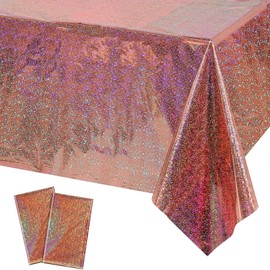 2PCS Rose Gold Holographic Table Cloth, 108" x 54" Shiny Bachelorette Party Decorations Plastic Laser Sparkly Tablecloth Glitter Table Decor for Wedding Anniversary Event Birthday Party Supplies