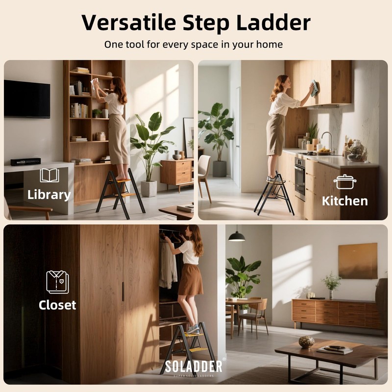 SOLADDER 2 Step Ladder, Anti-Slip and Lightweight Foldable Step Stool