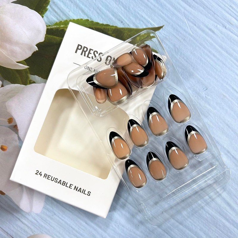 Black French Press On Glossy Nails with Gold Lines Design