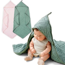 CoolaPeach Muslin Hooded Baby Towels,2 Pack Baby Bath Towels,Large 31.5x31.5Inch,Hooded Towels for Baby and Infant,Soft and Absorbent Newborn Essential(Green and Pink)