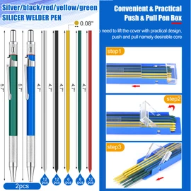 Gersoniel 2 Pcs Welders Pencil with 48 PCS Round Refills Mechanical Pencils Metal Welding Marker for Tube Pipe Fitter Welder Steel Construction Woodworking (Silver, Black, Red, Yellow, Green)