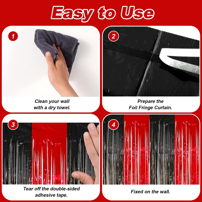 4pcs Black Red Foil Curtain, 3.2ft x 6.5ft Black Red