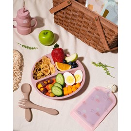 U Chef Juego de 3 Platos para Niños Pequeños y Bebés con Ventosa, de Silicona y Antiderrapantes, con Divisiones de Grado Alimenticio, sin BPA, Aptos para Microondas y Lavavajillas (Rosa/Morado/Verde)