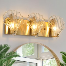 Ovyiech Bathroom Light Fixtures, 3-Lights Vanity Lights Over Mirror, Modern Bathroom Wall Light with Clear Shell Shaped Glass Shades, Gold Wall Sconces for Bedroom Living Room Hallway Kitchen