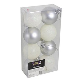 Christmas Decoration 8 Pack 50mm Glitter / Plain Baubles - Silver & White