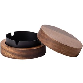 Mainiusi Ashtray for Outdoor Use, 90 mm, Walnut Ashtray with Lid, Ashtray for Car, Gifts for Men, Dad, Grandpa, Gift for Birthday, Christmas, Valentine's Day (Black)