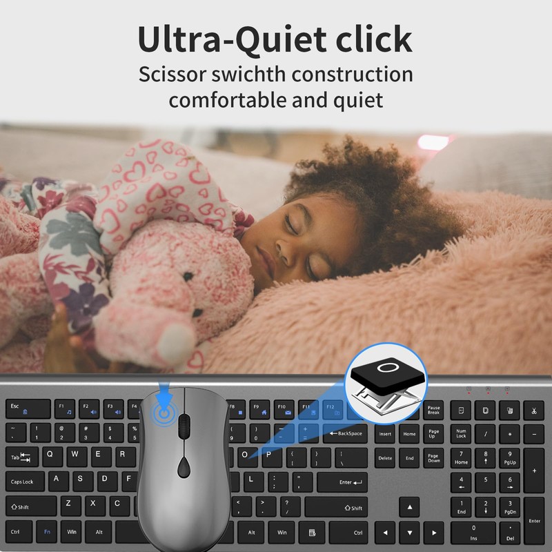 Wireless Mouse and Keyboard Combo, Silent Full-Size Computer Keyboard with
