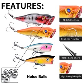 FANGBLUE Popper Fishing Lures Topwater Fishing Baits Hard Baits 3D Eyes Swimbait Crankbait with Treble Hook for Bass Trout Freshwater Saltwater
