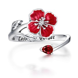 JZCOLOR Red Poppy Flower Ring for Women: 925 Sterling Silver Remembrance Poppy Ring for Veterans Memorial Popies Jewelry Gift