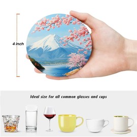 ubcindy Japanese Cherry Blossom and Fujiyama Mountain Landscape Coasters Set of 6 for Drinks,Round Absorbent Ceramic Stone Coaster with Metal Holder and Cork Base for Coffee Party Home Decor Gifts