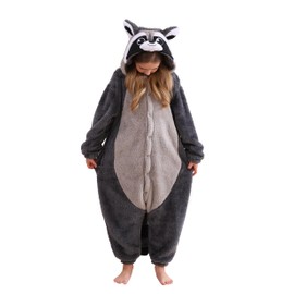 SimZoo Kids Animal Pajamas, 3-13 Years Boy and Girls Gray Raccoon Cosplay Costume Sleepwear, One-Piece Unisex Homewear