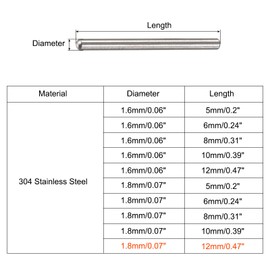 sourcing map Dowel Pins 304 Stainless Steel Round Head Flat Fasteners 1.8 x 12 mm Pack of 20