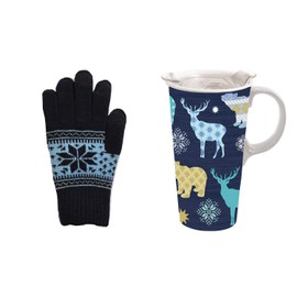 Cypress Home Beautiful Christmas Woodland Blue Pattern Ceramic Travel Cup and Glove Gift Set - 5 x 4 x 7 Inches home goods For Kitchens, Parties and Homes