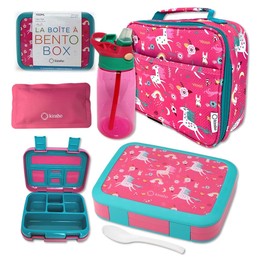 Bento Lunch Box with Insulated Bag, Water Bottle Ice Pack Set for Kids Toddlers, 5 Portion Sections, BPA Free Removable Tray, Pre-School Kid Toddler Daycare Lunches, Snack Container, Pink Unicorn