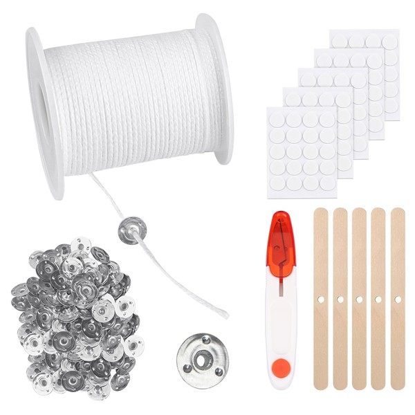 ALLAVA 6100 cm Candle Wicks, Wicks for Candles with 100 Pieces Wick Holder, 100 Pieces Candle Stickers, Smokeless Candle Wicks for Candles, Cotton Candle Wick for DIY Communion Candles, Scented