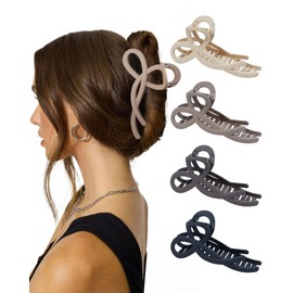 4 PCS Bow Hair Clips Bow Claw Clip for Women, Large Hair Claw Clips for Thin Thick Long Hair Cute Nonslip Bows (Ribbon(Black+Dark Brown+Brown+Khaki))