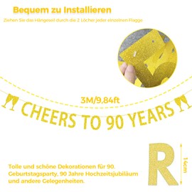 ALEGRE® Garland 90th Birthday Man, Cheers to 90 Years Garland, 90th Birthday Decoration Banner, Decoration 90th Birthday Women Men, Gold Glitter Banner for 90th Birthday Decoration, Birthday