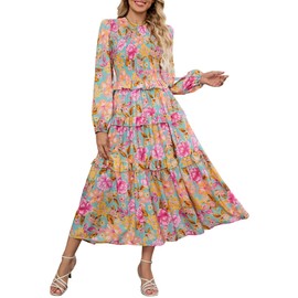 ZAFUL Fall Wedding Guest Dresses Floral Midi Dresses Long Sleeve Smokced Ruffle Tiered Boho Floral Dress(Pink Green,M)