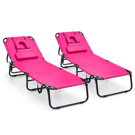 Tangkula Beach Lounge Chair, Folding Sunbathing Recliner with Face Hole, Face Down Tanning Chair with 5-Level Adjustable Backrest & 3 Removable Pillows, Chaise Lounge Chair for Patio (2, Pink)