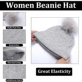 SERENYOU Winter Hat Scarf Gloves Set Women Knitted Beanie with Pom Pom Touchscreen Gloves Scarf 3 in 1 Warm Set Grey