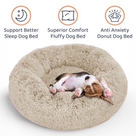 Petloox Donut Dog Bed - Premium Comfort for Anxiety Relief - Fluffy & Calming Design with Ultra-Plush Support | Cozy Round Dog Bed with Super Soft Circle Style (Size M Beige)