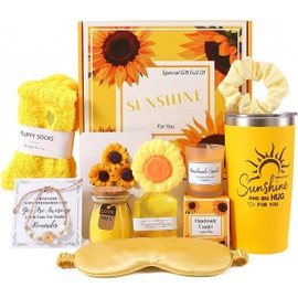 Caja de Regalo Spa de Girasol para Mujer, Kit de Relajación con Vaso Térmico 20oz, Vela de Manzanilla, Antifaz y Calcetines, Regalos de Cumpleaños, Día de la Madre y San Valentín para Novia, Esposa o Mamá