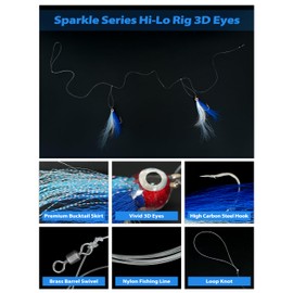 BLUEWING Fishing HI-LO Rig 3D Eyes with Sparkle Series Bucktail Mylar Flash Teaser Snapper Bait with Stainless Steel Hook Blue