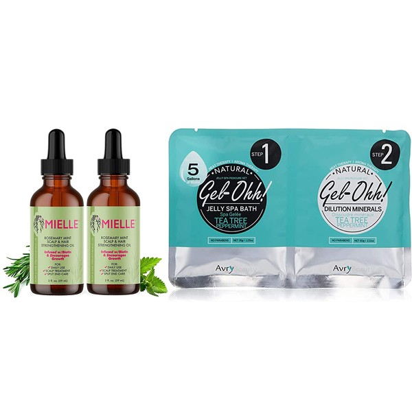 Mielle Rosemary Mint oil 2oz 2pk and Bonus Gel-ohh Foot Spa Tea Tree and Peppermint-Ultimate Mint Spa Day