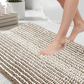 HDFK Bath Mat & Bathroom Rug - Machine Washable Soft Chenille Shower Carpet, Maximum Absorbency Non-Slip with Odorless Hot Melt Base, Slim Striped Design for Bathtub Floors (24x16 Inch, Beige & White)