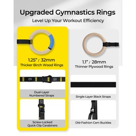 PACEARTH Gymnastics Rings 32mm Wooden Olympic Rings Support 1500lbs Locked Carabiners 9ft Double-Layer Numbered Straps Non-Slip Gym Rings for Home Gym Full Body Workout